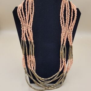 Vintage Multi Strand Coral And Aged Gold Color Seed Bead Tiered Boho Necklace